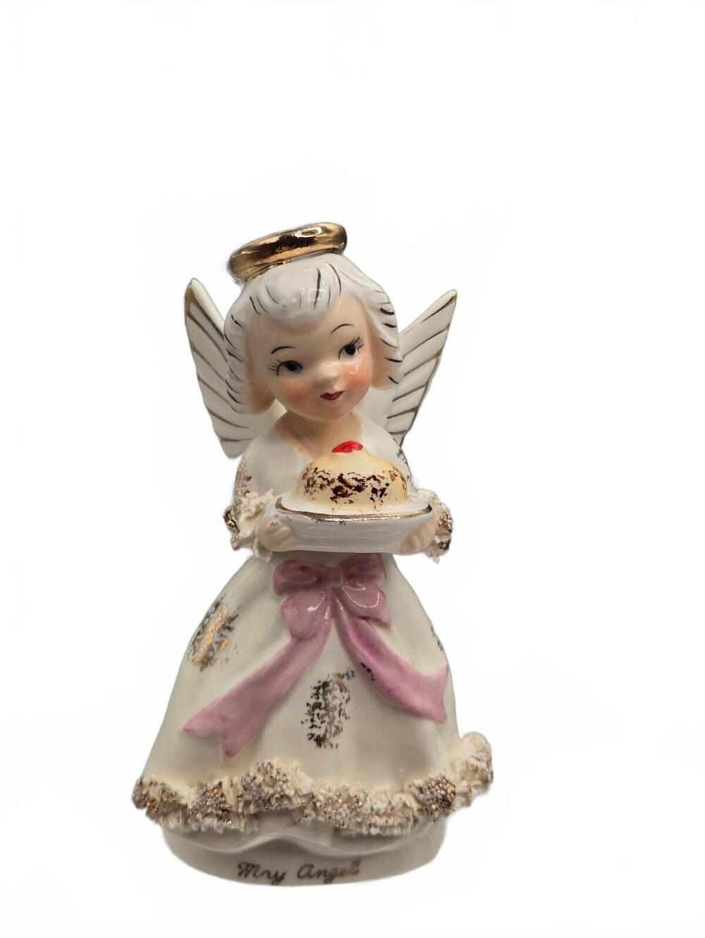 VTG, Ucagco, Ceramic Spaghetti Angel, Birthday Girl, Figurine, MIJ, May Day Cake